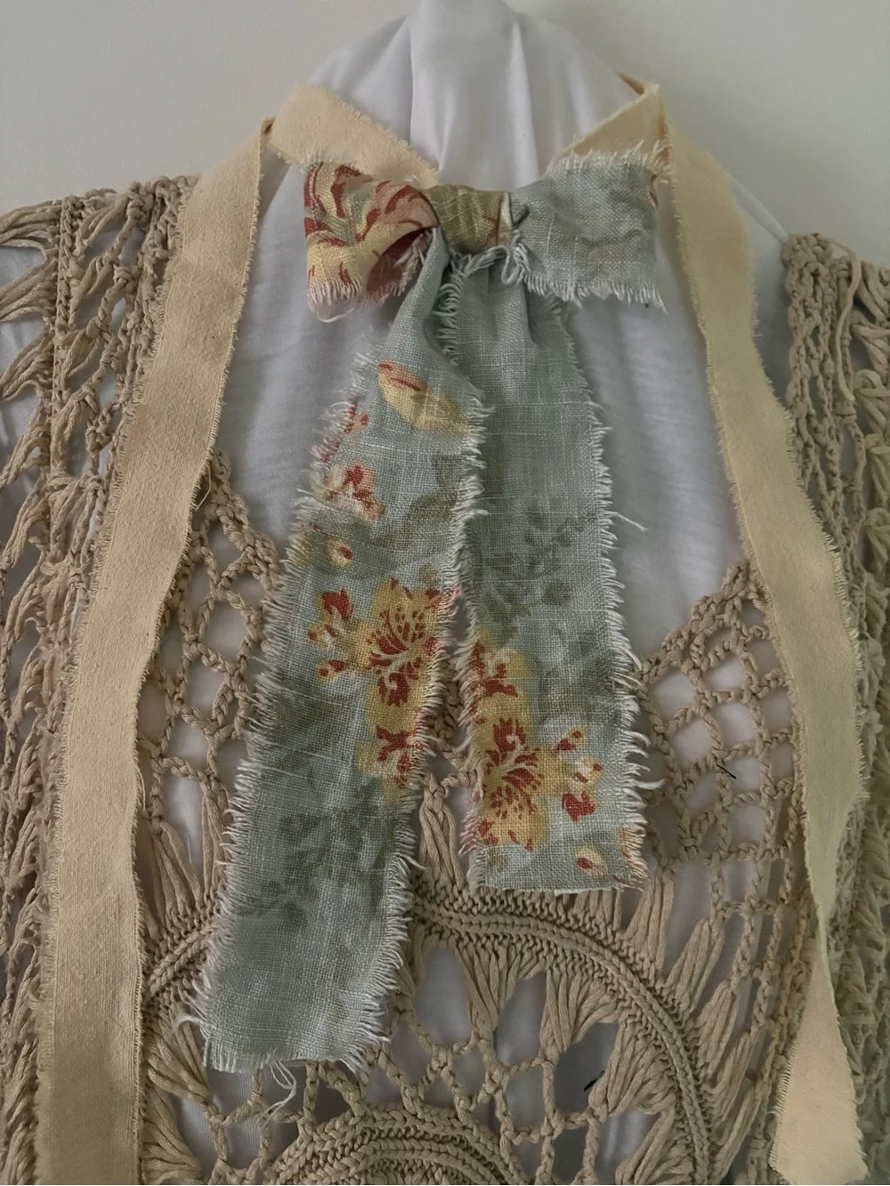 Upcycled Island  Floral Bow Scarf with Cream Tie Avant-garde Jabot